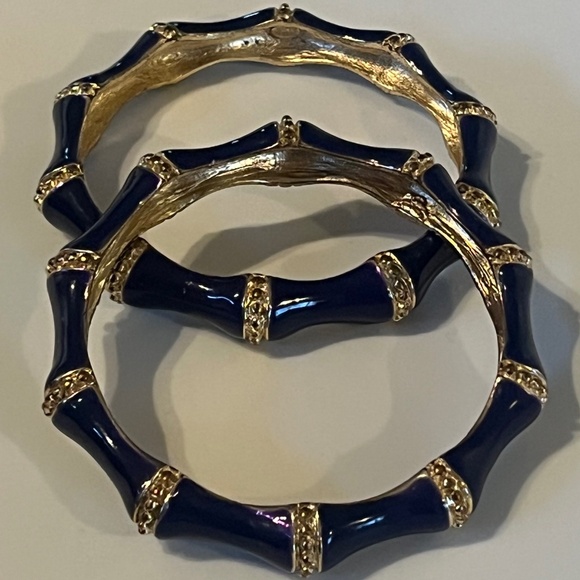 Navy Blue Bamboo Style Kenneth Jay Lane Bangle Bracelets (Set of 2) - Picture 1 of 3